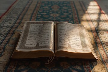Obraz premium An open book with pages spread out neatly, placed on top of a patterned rug in a well-lit room, An open Quran under soft sunlight, AI Generated
