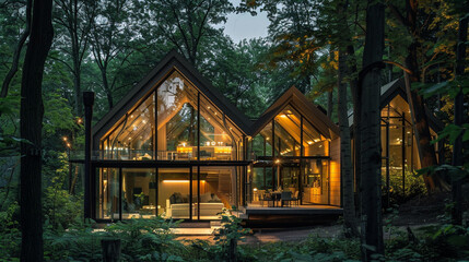 Contemporary luxury villa designed for glamping, with glass cottage softly lit in forest setting. --ar 16:9 --v 6.0 - Image #1 @Zubi