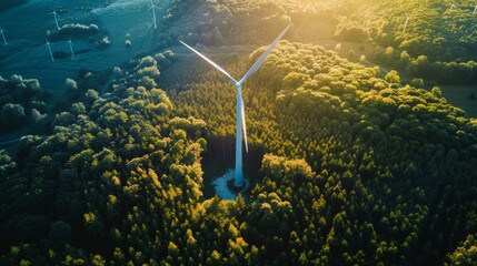 Wind Turbines Generating Electricity in Forest Landscape