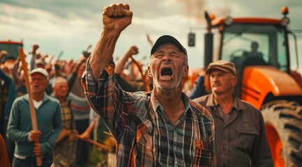 Middle-aged man is calling a crowd of people to a meeting, with a large stream of tractors in the background - obrazy, fototapety, plakaty
