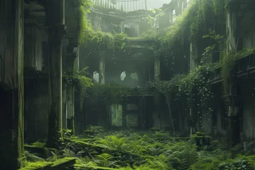 Fotobehang Abandoned Building With Vines Growing on the Walls, An overgrown abandoned Earth city centuries after humanity's departure, AI Generated © Iftikhar alam
