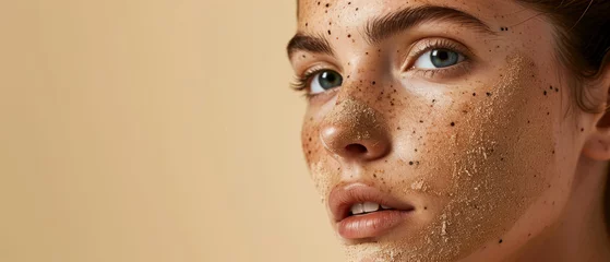 Foto op Canvas Close up of beautiful female face with scrub. Skin care mock up. Beautiful female has relax. Cosmetology concept. Wellness, recreation. Generative ai © Inai