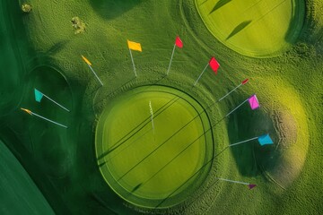 An aerial perspective showcasing a golf course with vibrant green fairways and yellow flags adorning the holes, An overhead view of a golf course with different colored flags, AI Generated