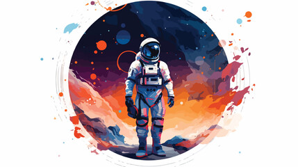 Spaceman in a spacesuit stands in front of spaceship - obrazy, fototapety, plakaty