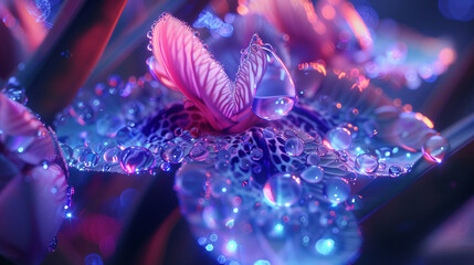 Crystal-clear droplets of nectar cling to the velvety surface of exotic petals, reflecting the ethereal glow of bioluminescent flora thriving within a mystical plant cell. - obrazy, fototapety, plakaty