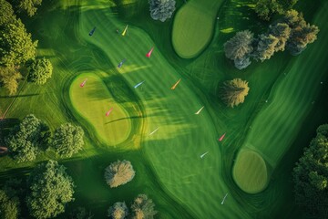 This aerial photo captures the expanse of a golf course, showcasing the layout, fairways, greens, and water hazards, An overhead view of a golf course with different colored flags, AI Generated