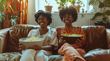 two friends watching tv and eating popcorn, sisters watching tv 