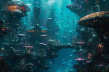 Fototapeta premium A vibrant and bustling metropolis thrives beneath the waves, with numerous lights illuminating the underwater city, An underwater city holding a variety of alien marine life, AI Generated