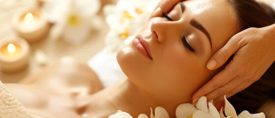 Obraz na płótnie Canvas Woman facial massage on spa centre. Beautiful female has relax. Wellness, recreation concept. Face Care. Cosmetology mock up. Generative ai