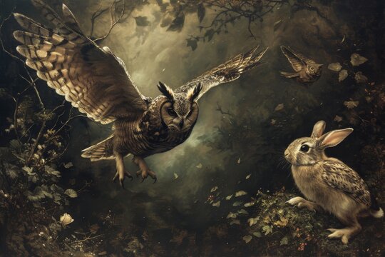 A realistic painting depicting an owl and a rabbit amidst the lush greenery of a forest, An owl silently swooping down on an unsuspecting rabbit, AI Generated