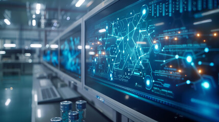 Close-up of a high-tech network monitoring screen displaying various abstract data connections and graphs in a modern data center.