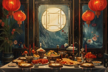 A table covered with a lavish display of various appetizing dishes, including meats, vegetables, fruits, and desserts, Art Deco representation of an upscale Chinese banquet feast, AI Generated