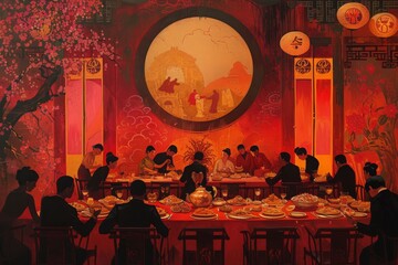 A diverse group of individuals sitting around a table engaged in a discussion and sharing a meal, Art Deco representation of an upscale Chinese banquet feast, AI Generated