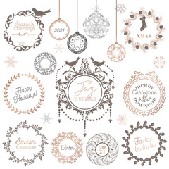 Christmas Winter Wreath, Vintage Calligraphic Design Elements and Page Decoration New Year, Swirls Frames