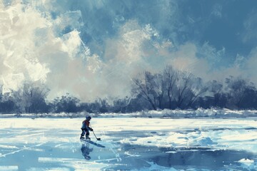A man is seen riding skis across a field covered in snow, Artwork of a child learning to play hockey on a frozen pond, AI Generated