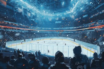 A bustling hockey stadium packed with enthusiastic fans watching an exciting game, Artwork showcasing a view from the stands of a packed ice hockey stadium, AI Generated