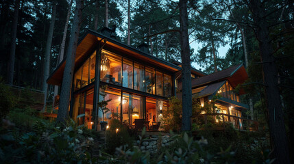 Naklejka premium Elegant cabin house surrounded by nature, with nearby glass cottage illuminating the forest with its soft glow at night. --ar 16:9 --v 6.0 - Image #2 @Zubi