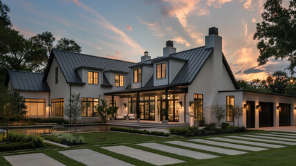 Elegant modern farmhouse luxury home exterior shines in twilight, a serene retreat under dusky skies. --ar 16:9 --v 6.0 - Image #1 @Zubi
