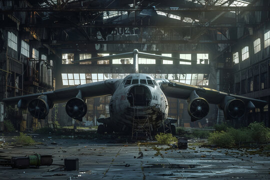 A plane wreck in a hangar overgrown with plants, the world's largest passenger plane bombed in a hangar
