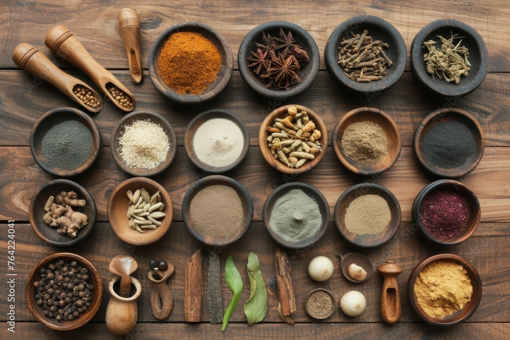 Poster a table is adorned with bowls filled with an assortment of spices, creating a vibrant display of fla