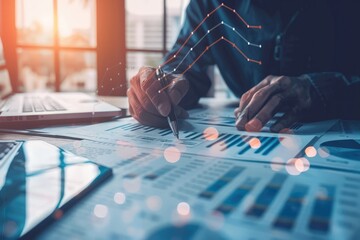 An image depicting a businessman analyzing objectives and the company's financial balance sheet, and working with digital virtual graphics. 