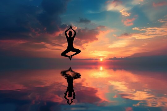 A person performing yoga poses against the backdrop of a beautiful sunset, Balance and harmony depicted through a yoga pose, AI Generated