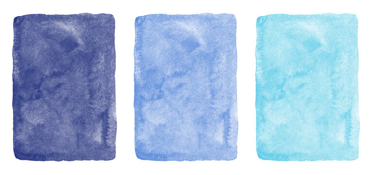 Blue watercolor background set. Hand drawn dark, sky, navy blue watercolour textures with aquarelle stains. Painted sea, water, marine, aquatic rectangle templates. Artistic edge.
