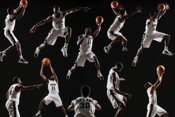 Group of Men Playing Basketball Against a Black Background, Basketball players in various poses, attempting shots and defending, forming a montage, AI Generated