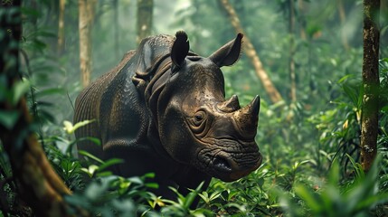 Endangered Sumatran Rhinoceros in Rainforest - obrazy, fototapety, plakaty