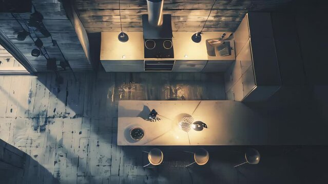 Top view of modern kitchen with concrete walls, concrete floor and gray cupboards.