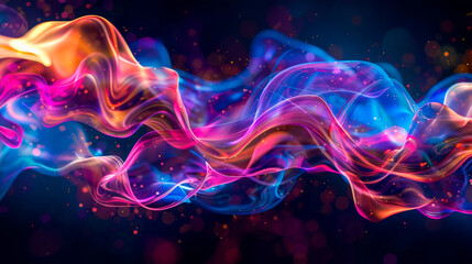 Multicolored swirling patterns blend with billowing smoke in a vibrant abstract background. Dynamic bright smoke and light particles. Banner. Copy space