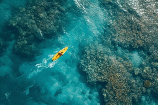 An overhead image showcasing a yellow kayak floating on the open ocean, Bird's-eye view of a surfer riding in a clear, coral-filled sea, AI Generated