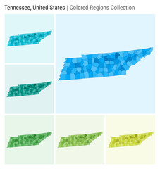 Tennessee, United States. Map collection. State shape. Colored counties. Light Blue, Cyan, Teal, Green, Light Green, Lime color palettes. Border of Tennessee with counties. Vector illustration. - obrazy, fototapety, plakaty