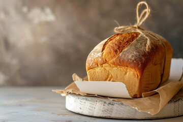 A loaf of bread is placed on a table, with the arrangement showcasing its shape, texture, and crust, Bread loaf with a rising price tag, symbolizing high cost of living, AI Generated