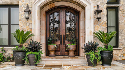 Fototapeta na wymiar Luxurious farmhouse entrance with decorative potted plants. Wooden door showcases glass and forging details. --ar 16:9 --v 6.0 - Image #2 @Zubi
