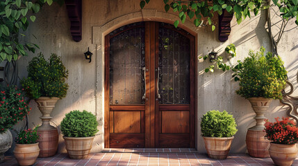 Fototapeta na wymiar Luxurious farmhouse entrance with decorative potted plants. Wooden door showcases glass and forging details. --ar 16:9 --v 6.0 - Image #1 @Zubi
