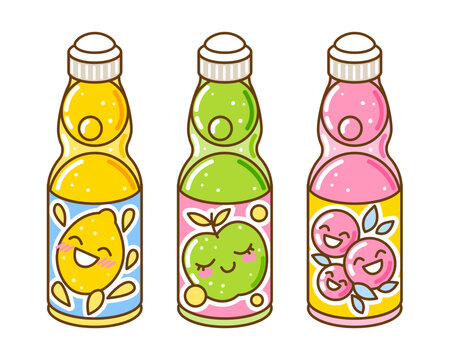 Set of ramune japanese lemonades with different flavors in glass bottle isolated on white