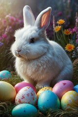 White Cute Fluffy Bunny and Group of Painted Easter Eggs