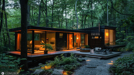 Minimalist cabin house in deep forest, accompanied by illuminated glass cottage. --ar 16:9 --v 6.0 - Image #4 @Zubi