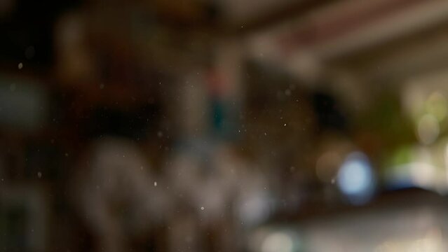 Household dust in the room  air, living room background, cinematic. 4k Light rays. Slow motion . Close-up microscopic particles of dust
