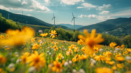 A field of yellow wildflowers with wind turbines in the background, representing sustainable energy and natural beauty. - Powered by Adobe