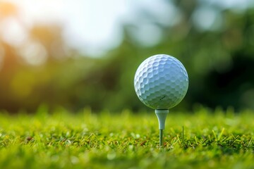 A close-up photo of a golf ball balanced on a tee, set against a green grassy background, Close-up of a golf ball on a tee, AI Generated - Powered by Adobe