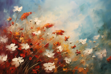 Fototapeta na wymiar Many beautiful different spring flowers. Oil painting in impressionism style.
