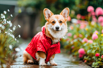 cute ginger Corgi dog in red raincoat along a flower alley in the park during the rain. Care and love