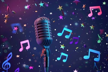 Fototapeta na wymiar microphone on a karaoke stage with bright glowing lights in the background and a scattering of musical notes