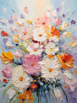 Fototapeta Many beautiful different spring flowers. Oil painting in impressionism style.