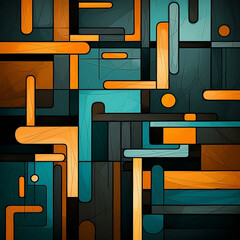 A pattern with bold lines and shapes in orange, brown, teal, and black. The background is a dark gray to accentuate the geometric patterns, 1;1