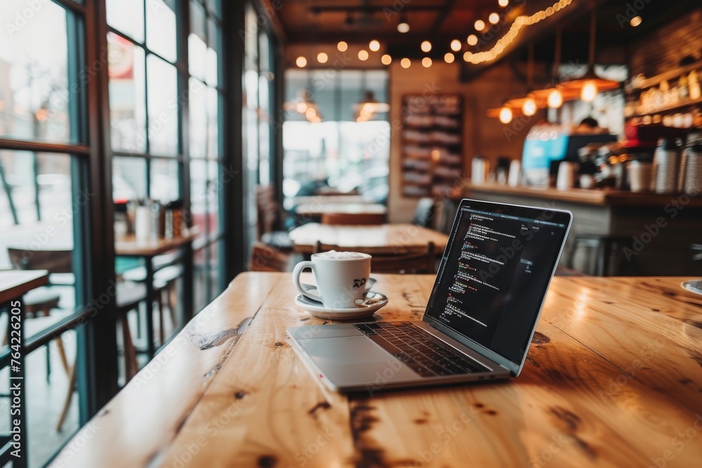 Poster a laptop computer placed on a wooden table, showcasing a modern workspace setup, coding from a coffe