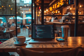 A laptop computer is placed on top of a sturdy wooden table, ready for use, Coding from a coffee shop as an example of teleworking, AI Generated - obrazy, fototapety, plakaty