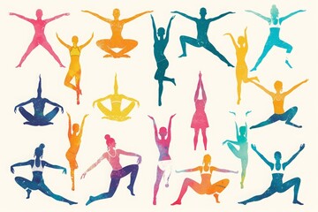 Several individuals in a group are actively engaged in performing different yoga postures outdoors, Colorful illustration of various yoga poses, AI Generated - obrazy, fototapety, plakaty